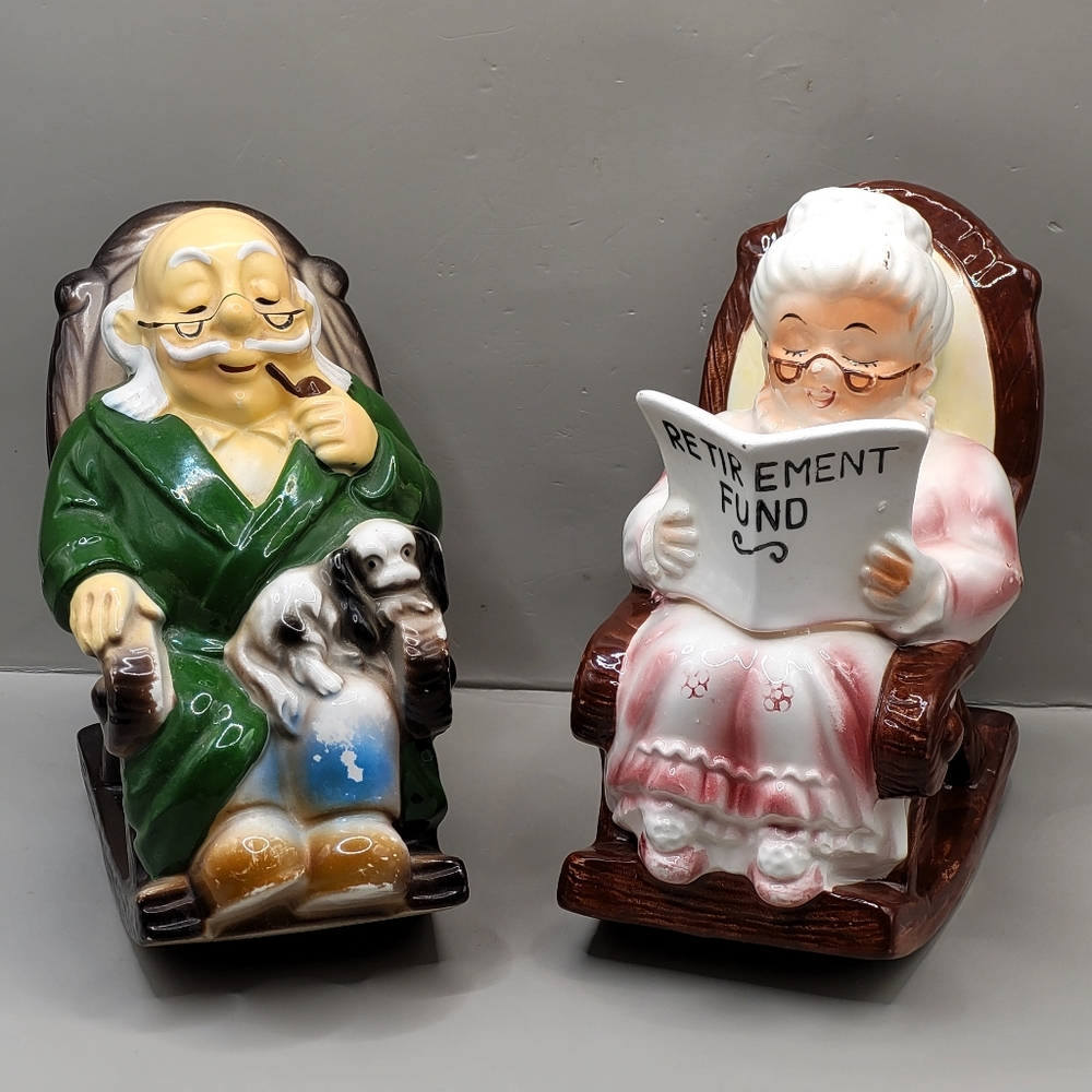 Vintage Lefton SET Ceramic Rocking Grandma & Grandpa Retirement Fund Piggy Banks